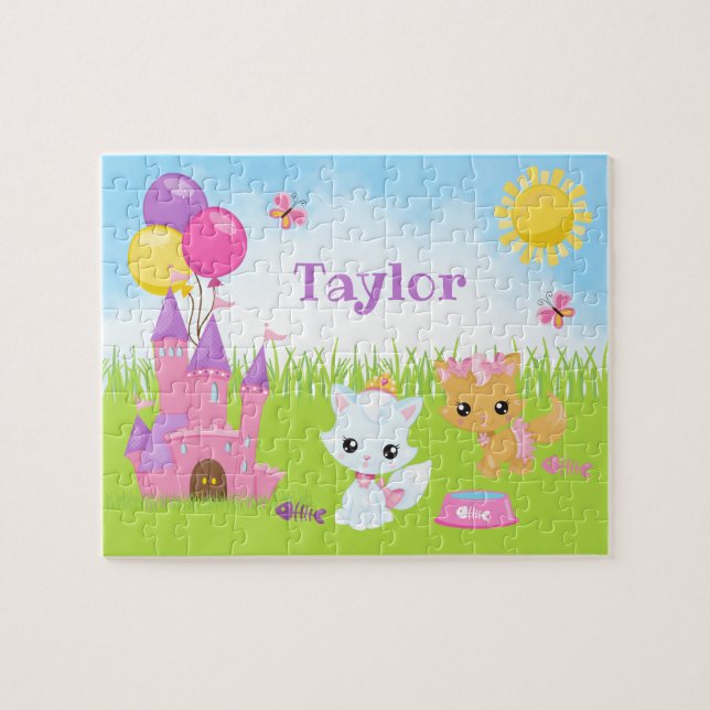 Cats Kittens Castle Pink and Purple Jigsaw Puzzle (Horizontal)