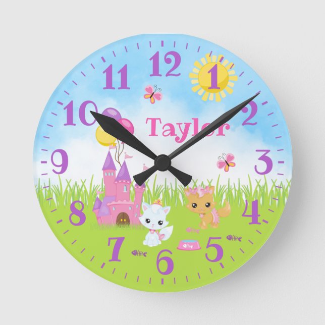 Cats Kittens Castle Pink and Purple Round Clock (Front)