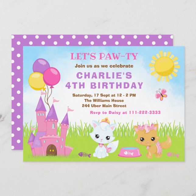 Cats Kittens Castle Pink Birthday Party Invitation (Front/Back)