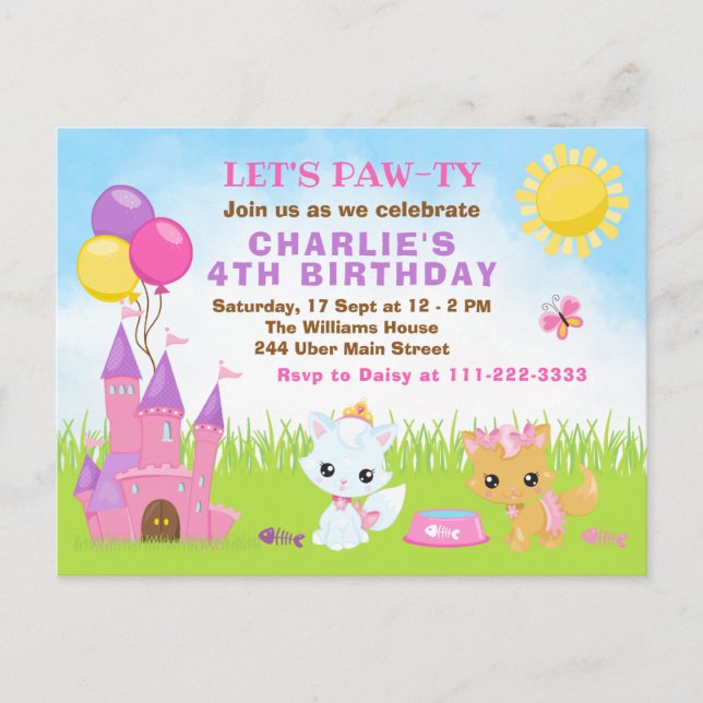 Cats Kittens Castle Pink Birthday Party Postcard (Front)