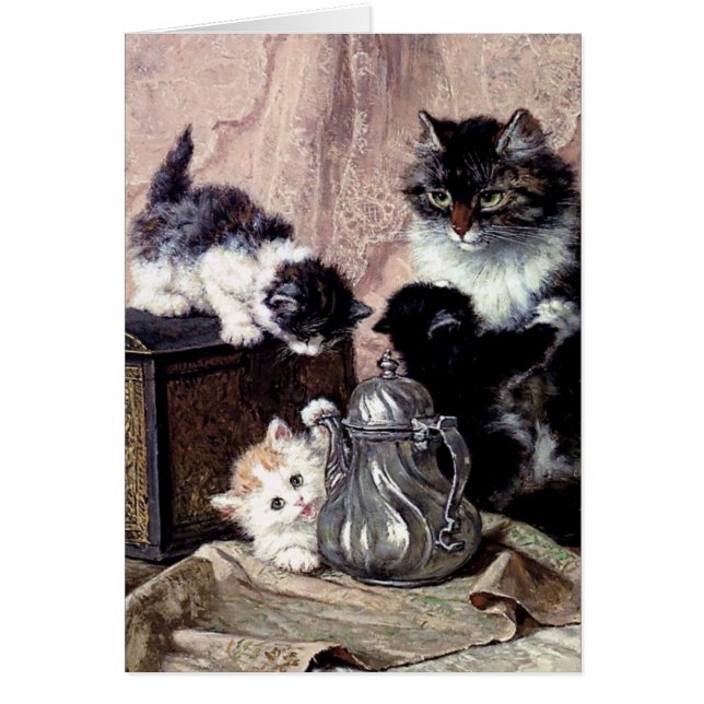 cats kittens playing tea party antique painting (Front)