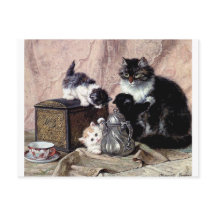 cats kittens playing tea party antique painting