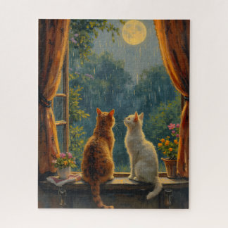 Cats looking at the moon and rain jigsaw puzzle