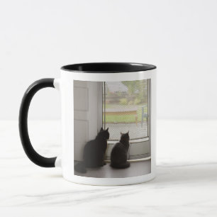 Cats looking out screen door mug