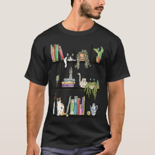 Cats Lying On Floral Bookshelf Book Kitten Minimal T-Shirt