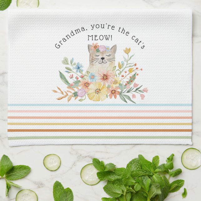 Cats Meow Grandma Cute Kitty Floral Pastel  Tea Towel (Folded)