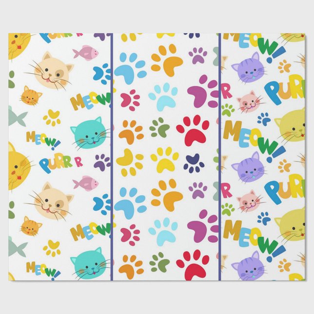 Cats Meow Wrapping Paper (A vibrant and playful cartoon pattern featuring an array of colorful cat faces, paw prints.)