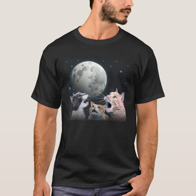 Cats Meowling At Moon Cat   Space Kitten Joke T-Shirt (Front)
