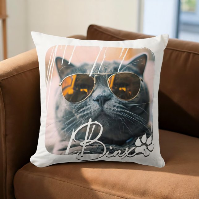 Cat's Modern Simple Cool Grunge Name and Photo Cushion (Creator Uploaded)