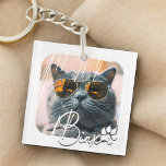 Cat's Modern Simple Cool Grunge Name and Photo Key Ring<br><div class="desc">This simple and modern design is composed of modern simple playful script typography. Add custom pet photo of your cat or kitten</div>