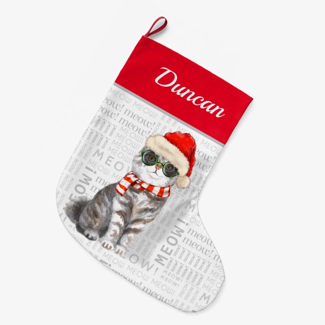 Cat's Name Scottish Fold Cat Christmas Large Christmas Stocking (Front (Hanging))