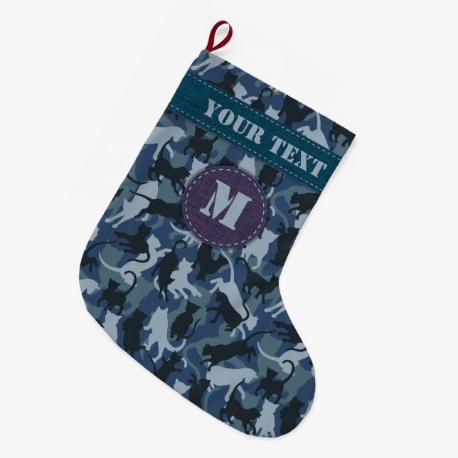 Cats Navy Camouflage Large Christmas Stocking (Front (Hanging))