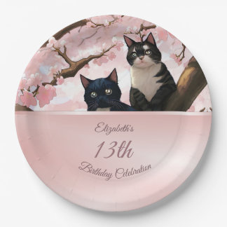Cats On A Cherry Blossom Tree | Custom Birthday Paper Plate