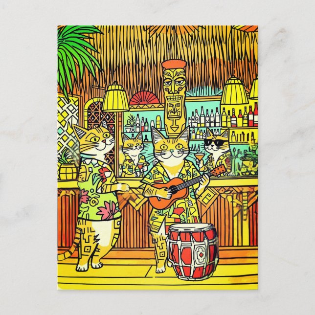Cats on an Island Vacation in a Tiki Bar Postcard (Front)