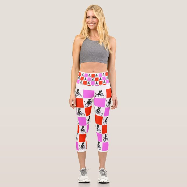 Cats on bikes bicycle cat sporty cyclist fun capri leggings (Front)