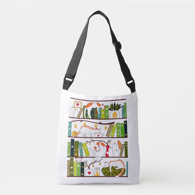 Cats On Bookshelf, Cat And Book Lover Gift Crossbody Bag (Front)