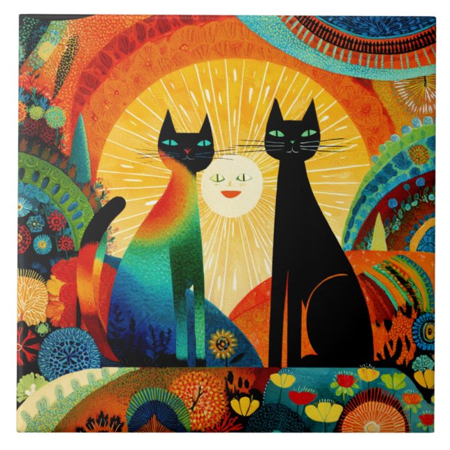Cats on Bright and Colorful Background, Tile (Front)