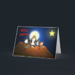 Cats on roof,  Merry Christmas, humour Holiday Card<br><div class="desc">A cartoon of cats sitting in a row on top of the rooftops,  with the moon behind them,  and stars in the night sky." Merry Christmas" is written on the front in red.</div>