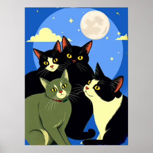 Cats on the Prowl Under the Full Moon Poster