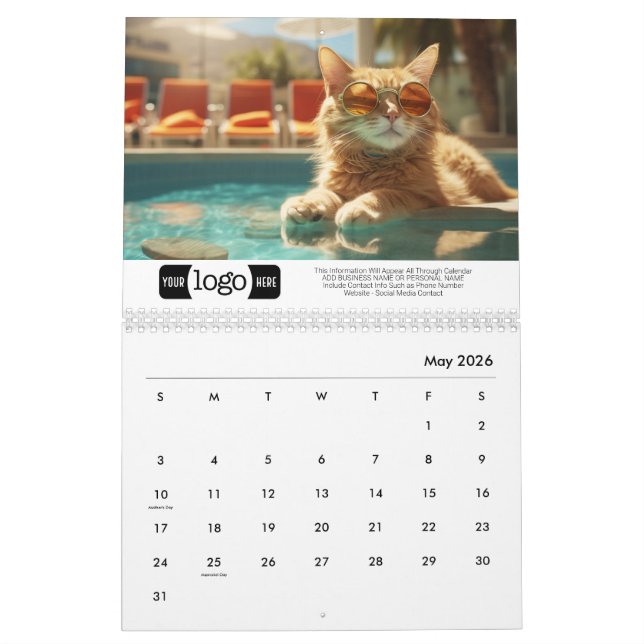 Cats on Vacation - Add Logo For Business Gift Calendar (May 2026)