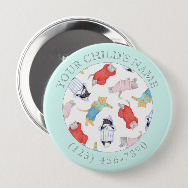 CATS PAJAMAS Child ID Button - Aqua (Front & Back)