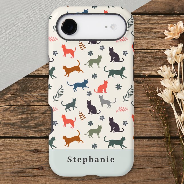 Cats Pattern Modern Elegant Personalised (A personalized phone case in cream and light sage, with pattern of cat silhouettes in various colors)