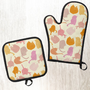 Cats Pattern Orange Pink Yellow Oven Mitt & Pot Holder Set