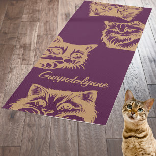 Cats Peeking Cute Purple Gold Monogram Yoga Mat