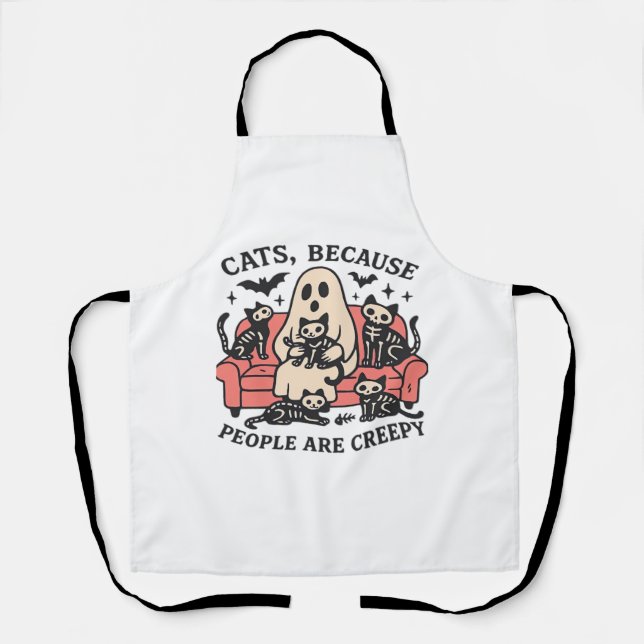 Cats People Are Creepy Skeleton Halloween Tee Over Apron (Front)