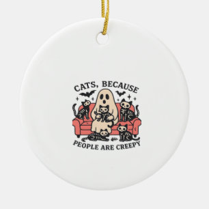 Cats People Are Creepy Skeleton Halloween Tee Over Ceramic Tree Decoration
