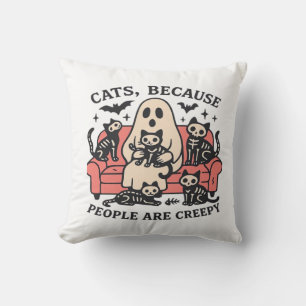 Cats People Are Creepy Skeleton Halloween Tee Over Cushion