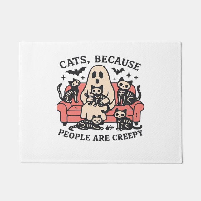 Cats People Are Creepy Skeleton Halloween Tee Over Doormat (Front)