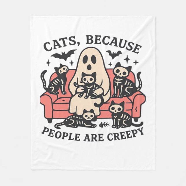 Cats People Are Creepy Skeleton Halloween Tee Over Fleece Blanket (Front)
