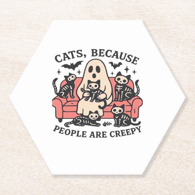 Cats People Are Creepy Skeleton Halloween Tee Over Paper Coaster (Front)