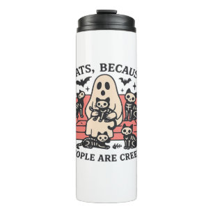 Cats People Are Creepy Skeleton Halloween Tee Over Thermal Tumbler