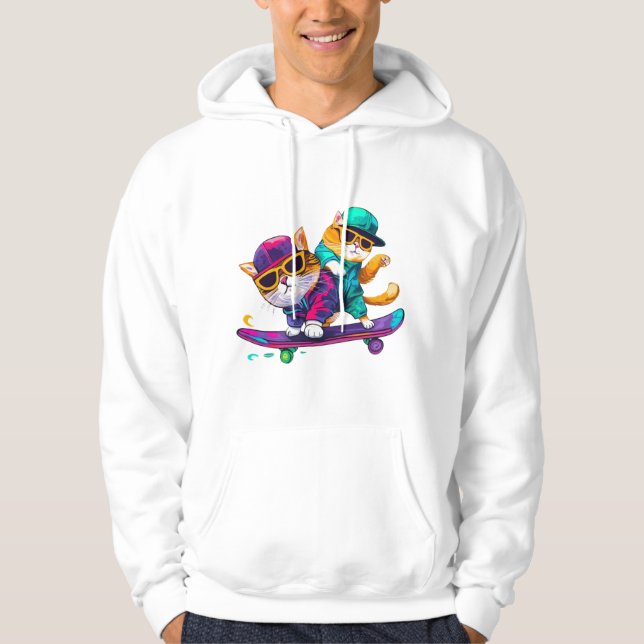 Cats Play Skateboard Wearing Glasses Hip Hop Hat   Hoodie (Front)