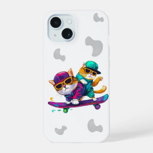 Cats Play Skateboard Wearing Glasses Hip Hop Hat iPhone 15 Case