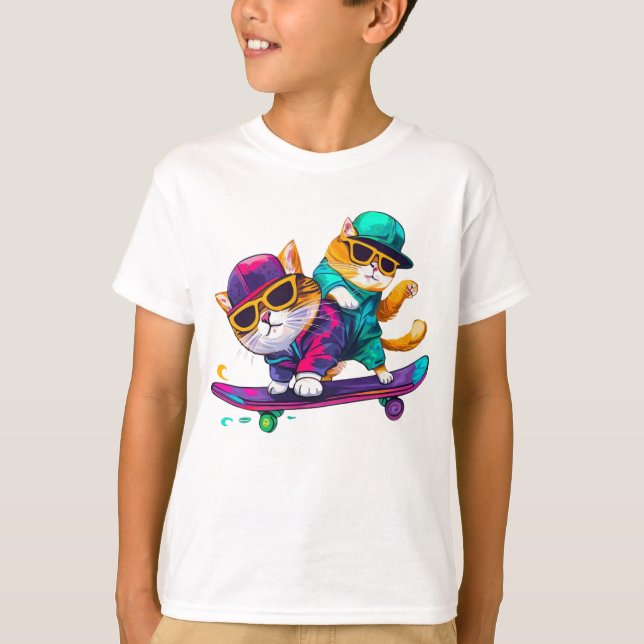 Cats Play Skateboard Wearing Glasses Hip Hop Hat   T-Shirt (Front)
