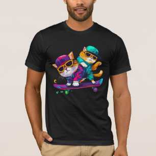 Cats Play Skateboard Wearing Glasses Hip Hop Hat T-Shirt