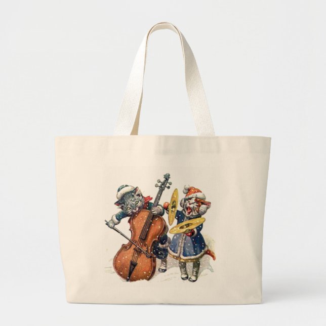 Cats Play the Cello and Cymbals in the Snow Large Tote Bag (Front)