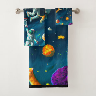 Cats Playing Basketball in Space with Astronauts Bath Towel Set