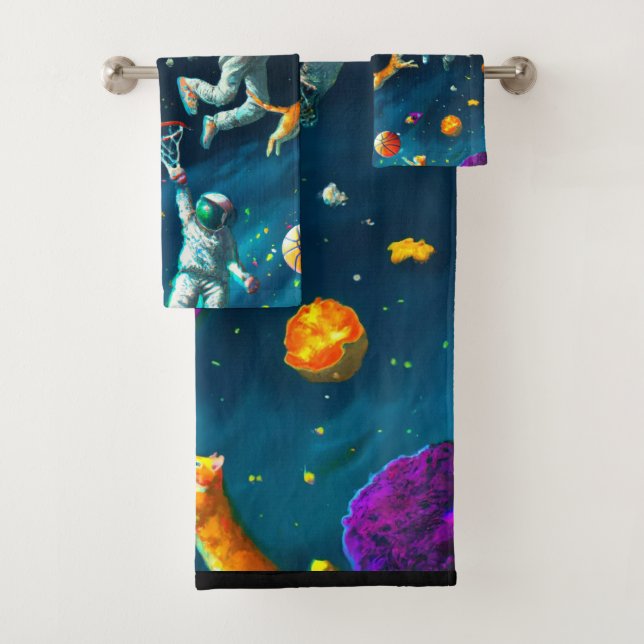 Cats Playing Basketball in Space with Astronauts Bath Towel Set (Insitu)