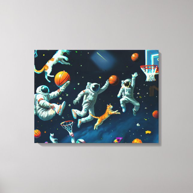 Cats Playing Basketball in Space with Astronauts Canvas Print (Front)