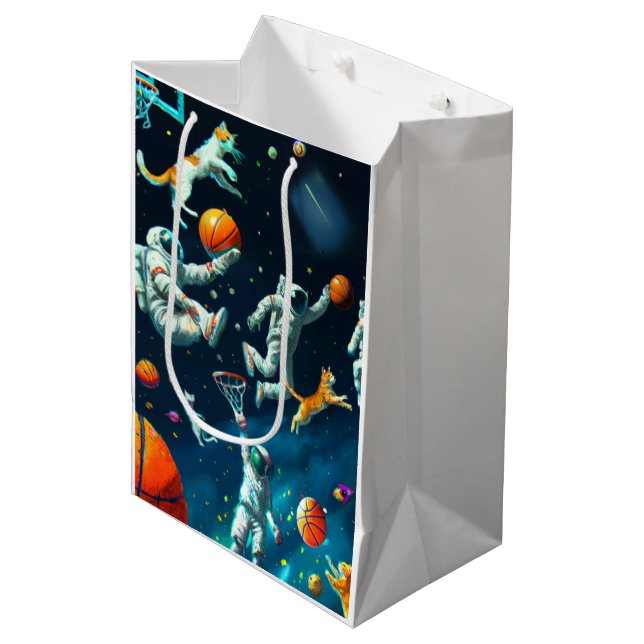 Cats Playing Basketball in Space with Astronauts Medium Gift Bag (Front Angled)