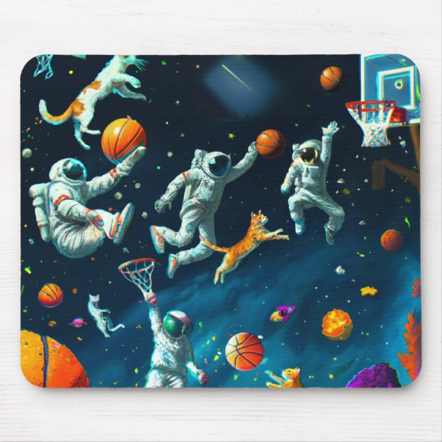 Cats Playing Basketball in Space with Astronauts Mouse Mat (Front)