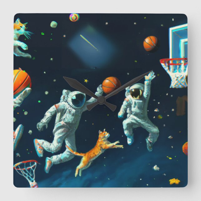 Cats Playing Basketball in Space with Astronauts Square Wall Clock (Front)