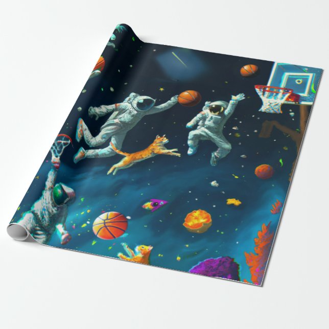 Cats Playing Basketball in Space with Astronauts Wrapping Paper (Unrolled)