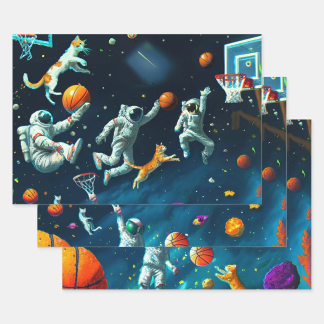 Cats Playing Basketball in Space with Astronauts Wrapping Paper Sheet (Set)