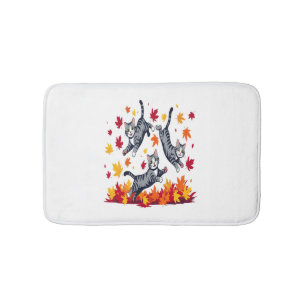 Cats Playing in Autumn Leaves Bath Mat