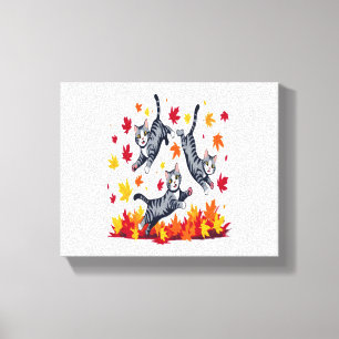 Cats Playing in Autumn Leaves Canvas Print